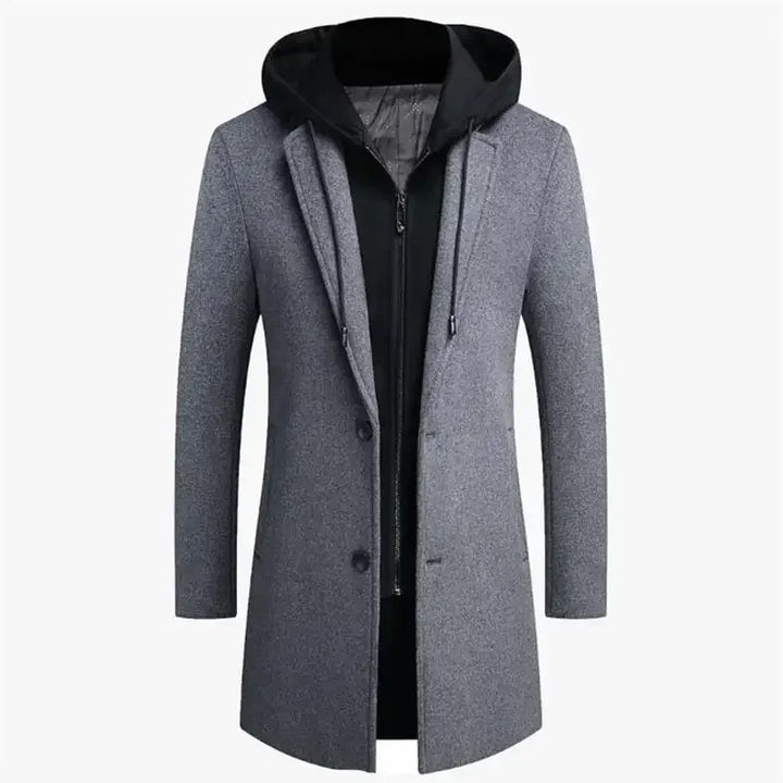 Jannik® - Herren Winddichte Wolljacke mit Kapuze, Langer Mantel